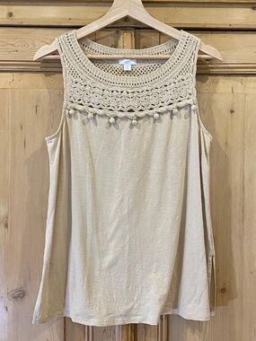 J. Jill Crochet Yoke Sleeveless Beige Tan Tanktop Size Small Petite